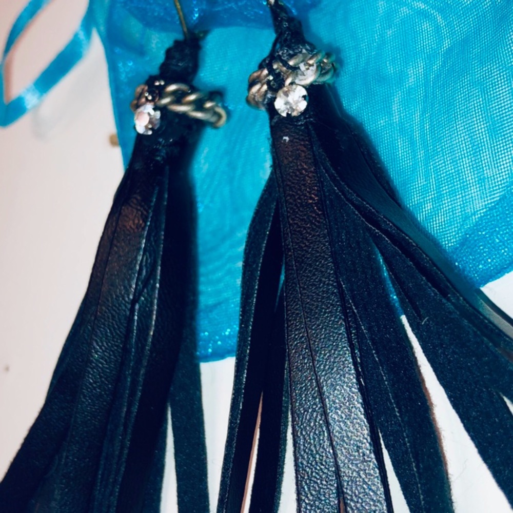 Black ‘leather’ and chain tassel earrings